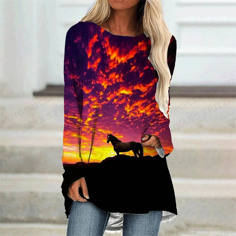 Horse T Shirt Long Sleeve Tops Tees Ladies