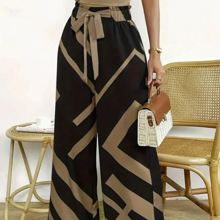 Geometric Pattern Print Wide Leg Pants Bow Front High Waist Pants For Every Day