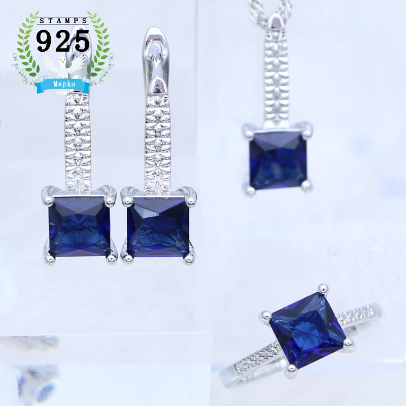 Sterling Silver Jewelry 3Set for Women Square Emerald Open Ring Earrings Pendant Necklace Free Gift Box