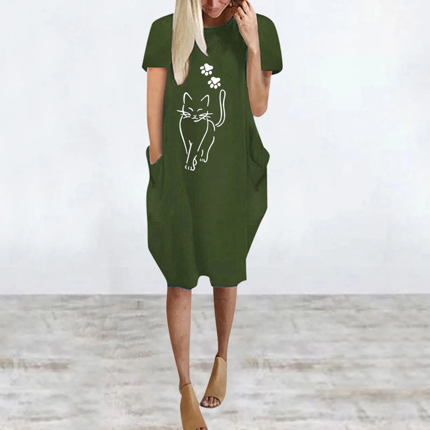 Short Sleeve  Round Neck Pockets Sexy Female Dress