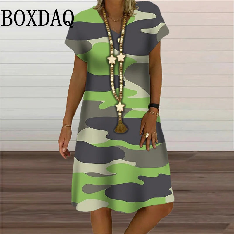 Camouflage Print Midi Dress V-Neck Summer Clothing