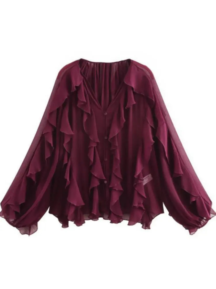 Loose Long Sleeve Layered Shirts Office Lady Vintage V-neck T