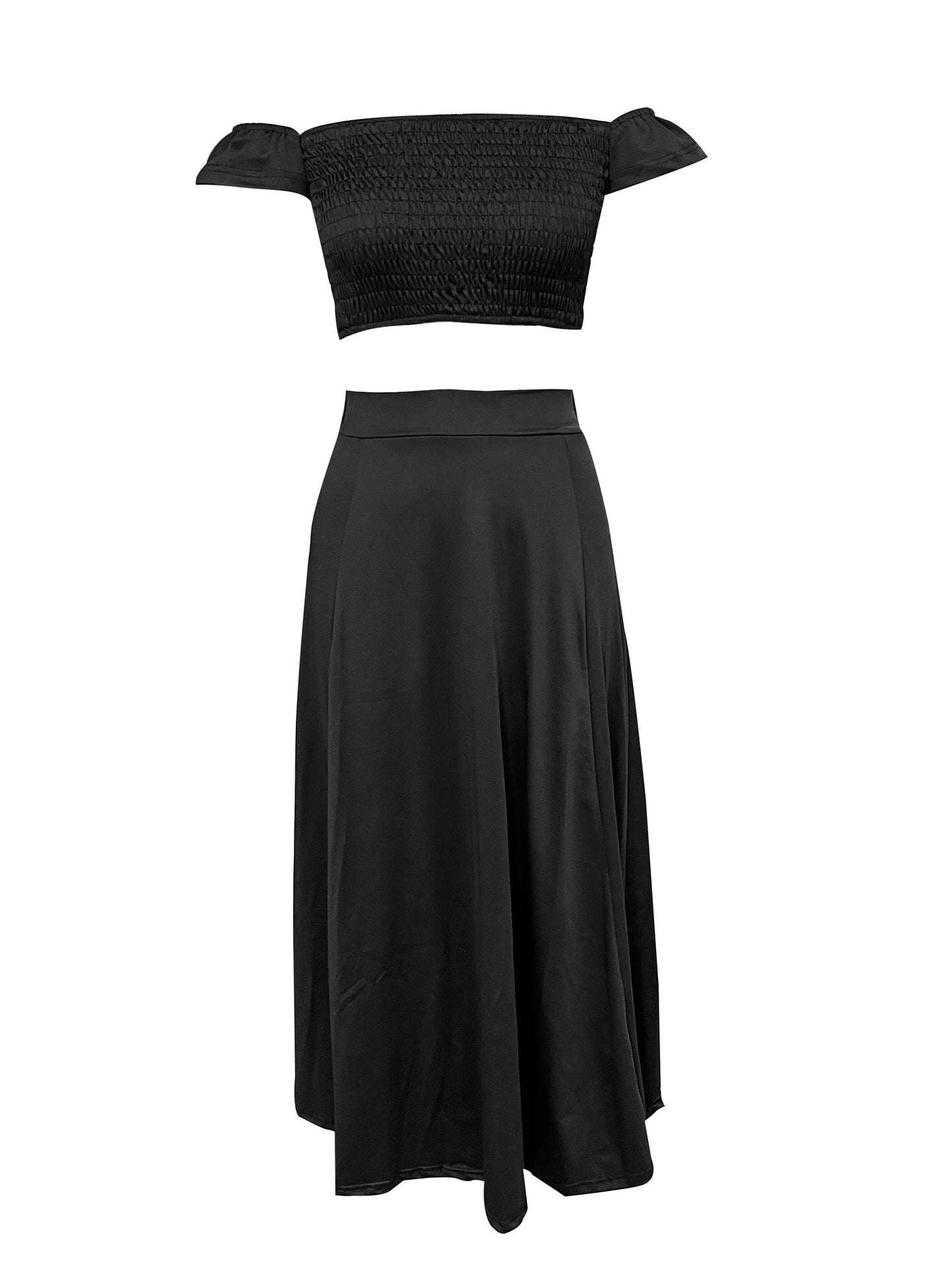Bohemian Two-piece Set Women's Off-shoulder Elastic Solid Color Vest With feather Print High Waist Slit Skirt Set