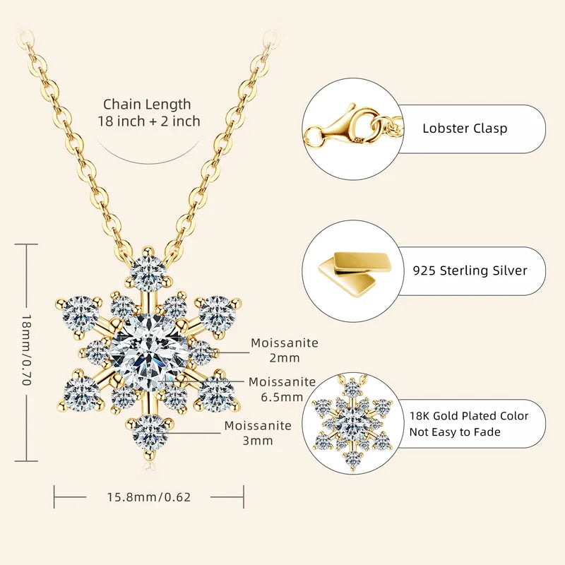 Round Cut Moissanite Snowflake Pendant Silver Necklaces