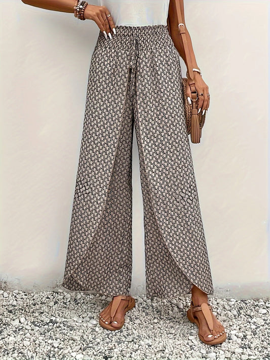 Spring Summer Women Elegant Wide Legs Pants Casual Vacation Beach Print Trousers