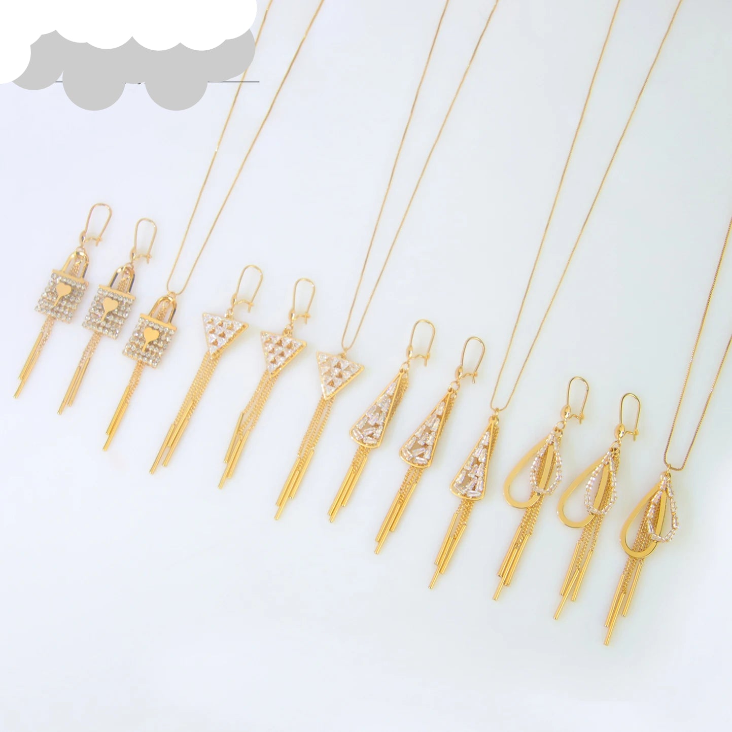 Elegant Shiny Tassel Necklace Set 21k Gold Plated Geometric Triangular Party Jewelry
