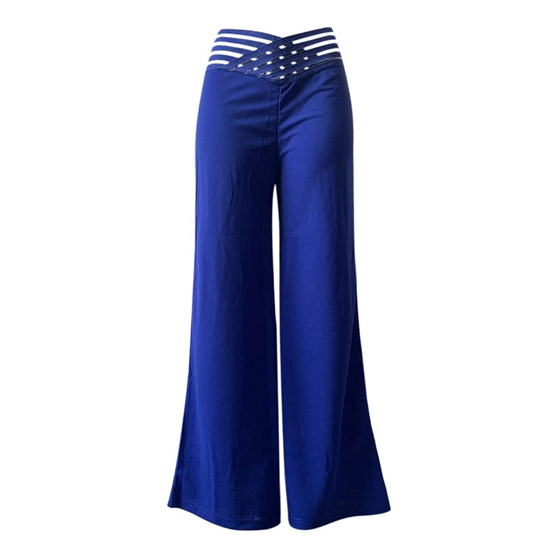 Fashionable Trendy Women's Hollowed Out Waist Belt High Waisted  Wide Leg Pants
