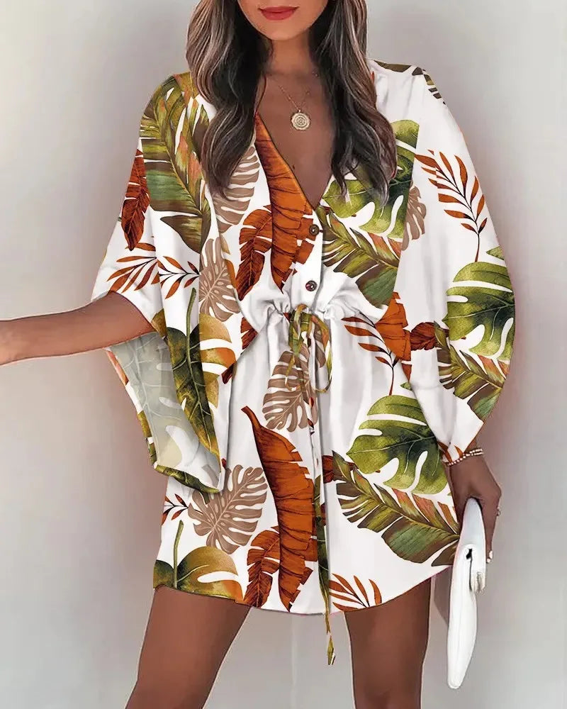 Summe New Floral Print Bat Half-Sleeve V-Neck