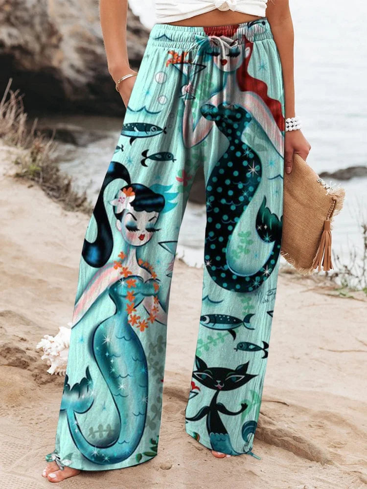 Relaxed-Fit Casual Pants 3D Floral Print Comfortable Breathable Fashionable Wide-Leg Pants