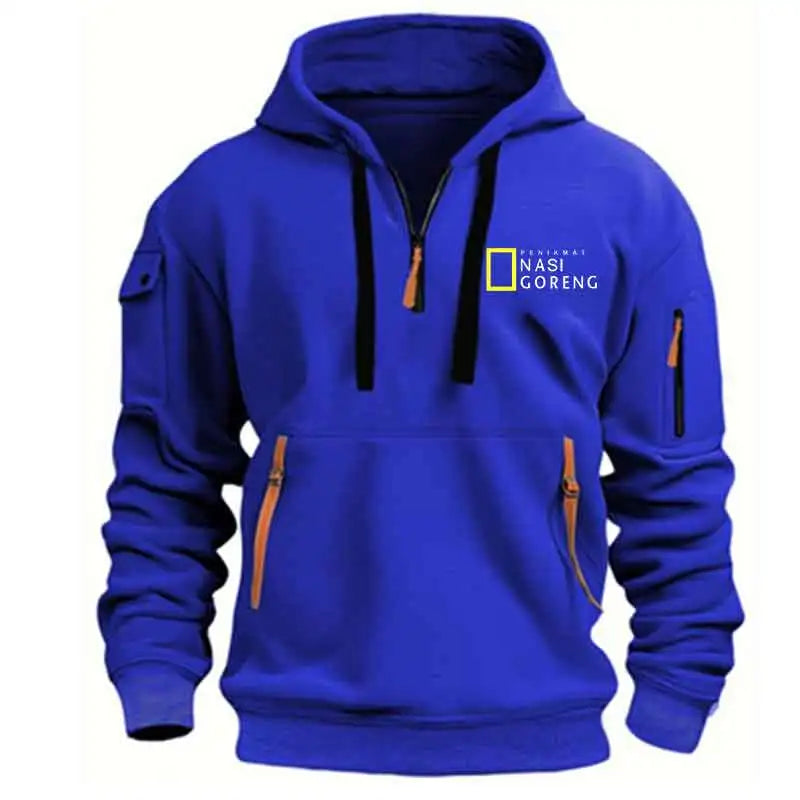 Half-zip Multi-pocket Pullover Sports Long-sleeve Hooded  Sweatshirt