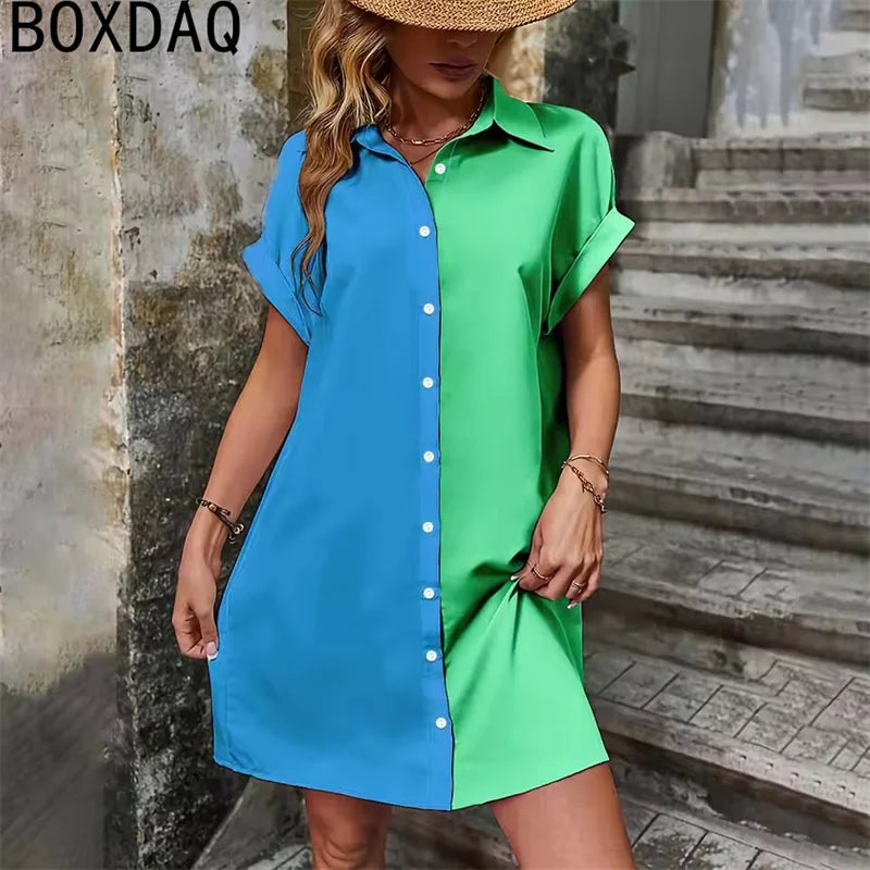 Two Tone Spliced Shirt for Summer Evening  Casual Dress