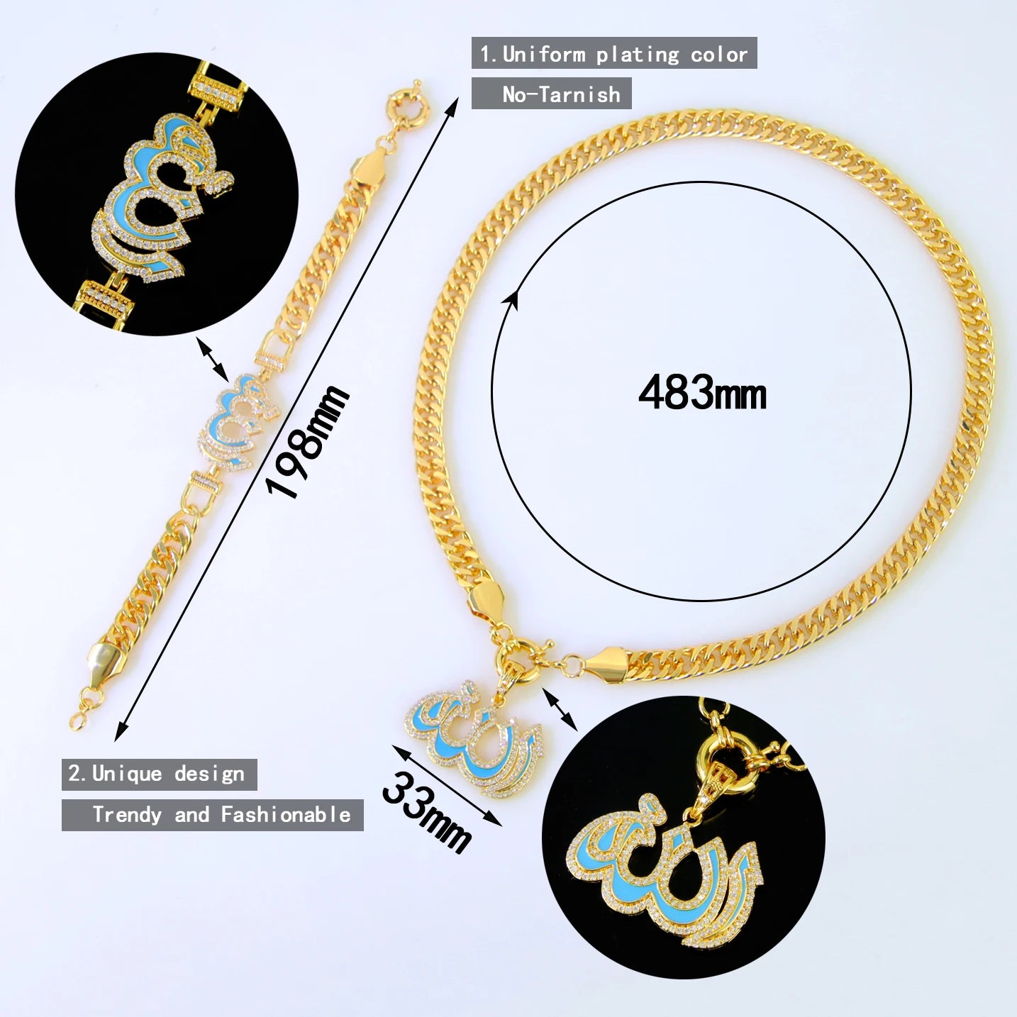 Luxury Gold Color Necklace Bracelet 21k Gold Plated Jewelry