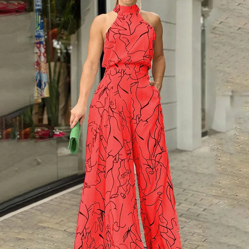 Summer women's geometric printed sleeveless pants with elegant temperament