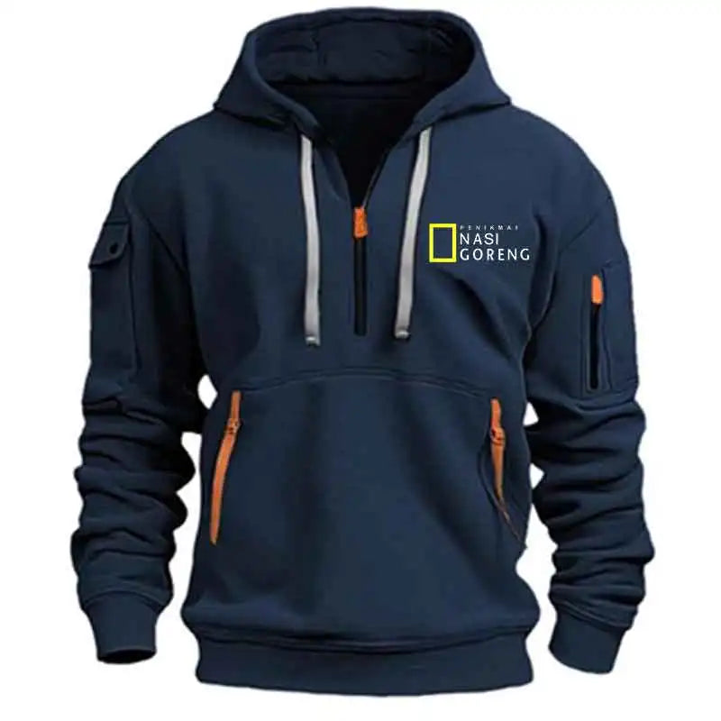 Half-zip Multi-pocket Pullover Sports Long-sleeve Hooded  Sweatshirt