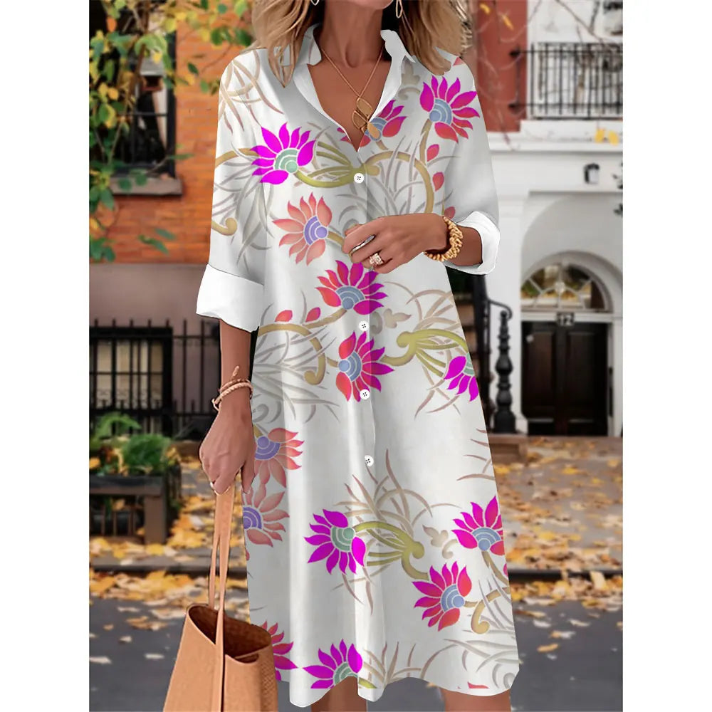 Printed V Neck Long Sleeves Button Sexy  Beach and Party Dress