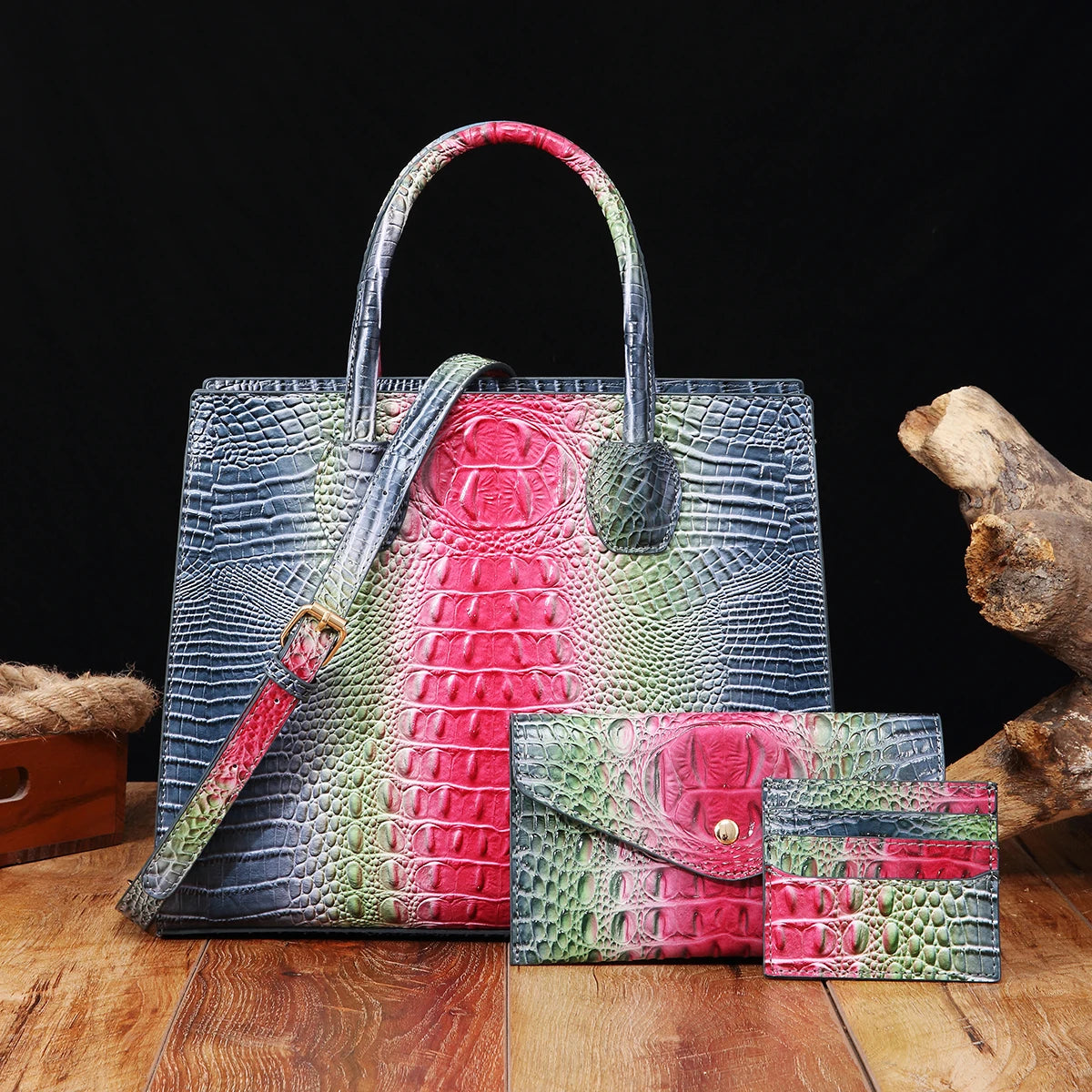 3 set Crocodile Pattern Handbag & Purses Set, Multi-functional Vintage Top Handle Crossbody Bag & Business Clutch Bag