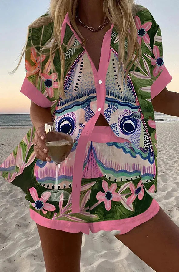 Summer Short Sleeve Shirt  Beach Vacation Style 2-Piece Set