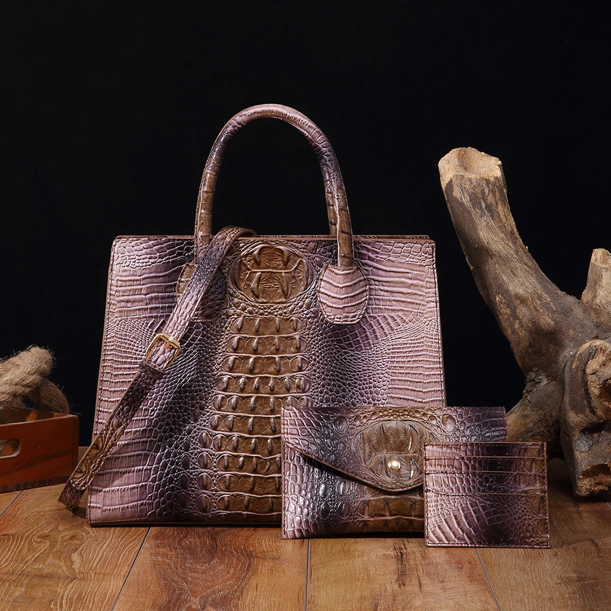 3 set Crocodile Pattern Handbag & Purses Set, Multi-functional Vintage Top Handle Crossbody Bag & Business Clutch Bag