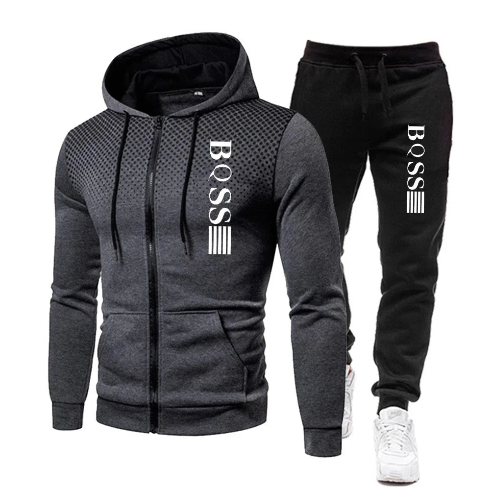 Fashion Print Tracksuit for Men Zipper Hooded Sweatshirt and Sweatpants Two Pieces Suits