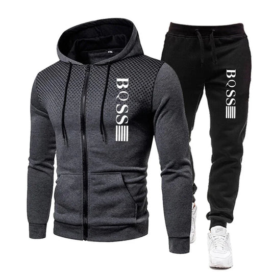 Fashion Print Tracksuit for Men Zipper Hooded Sweatshirt and Sweatpants Two Pieces Suits