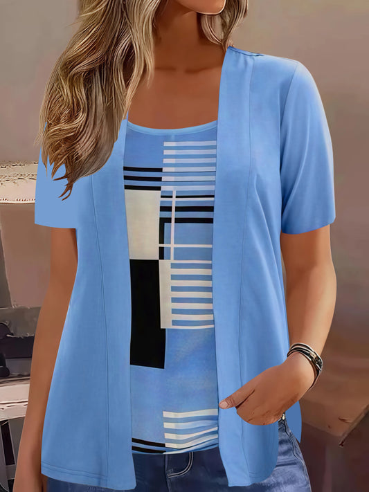 Elegant Geometric Print Mock Two-Piece T-Shirt  Summer Casual Top