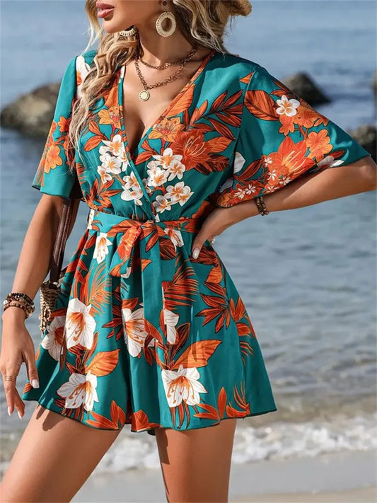 Vacation Wind Lotus Leaf Sleeves V-neck Belt