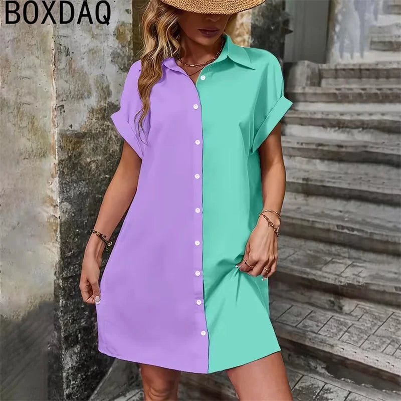 Two Tone Spliced Shirt for Summer Evening  Casual Dress