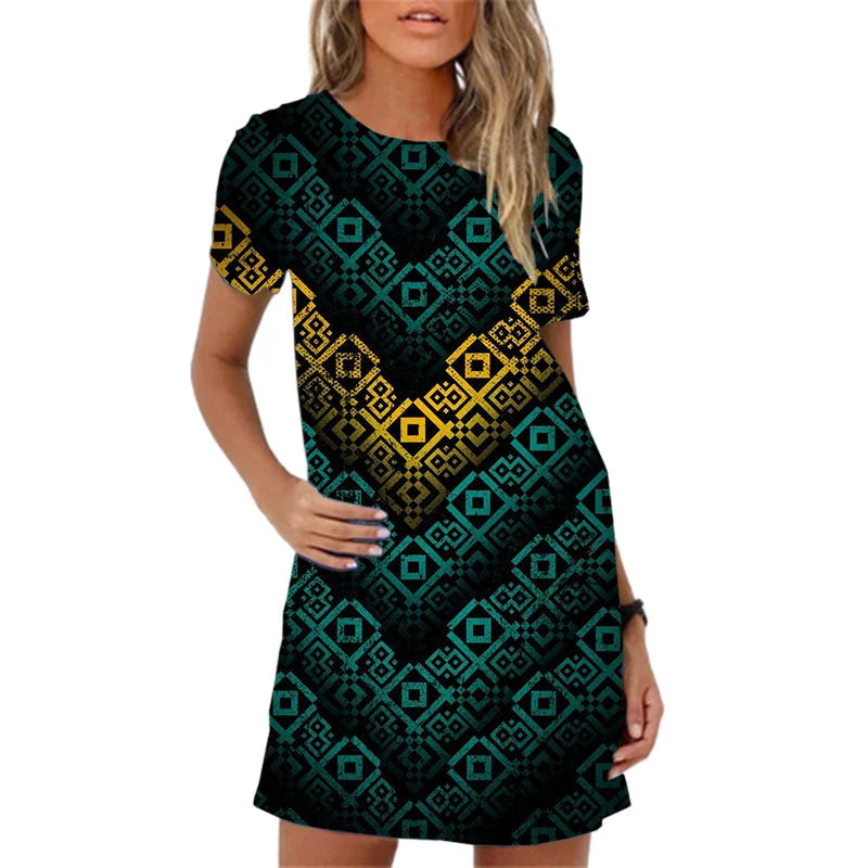 Summer Short Sleeve Mini Dress Vintage Geometric Pattern