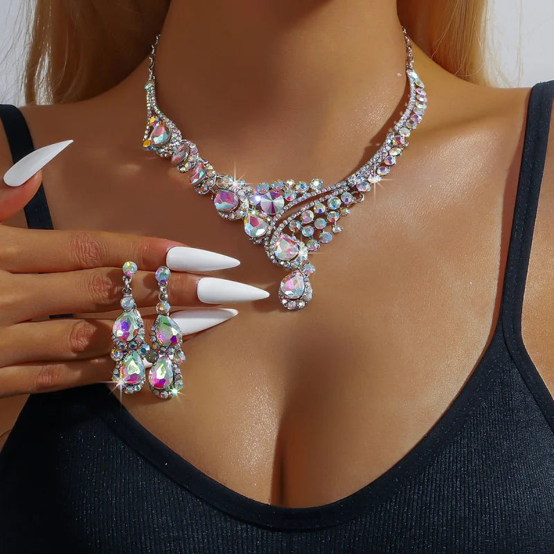 Bridal Colorful Crystal Necklace and Earrings Suite