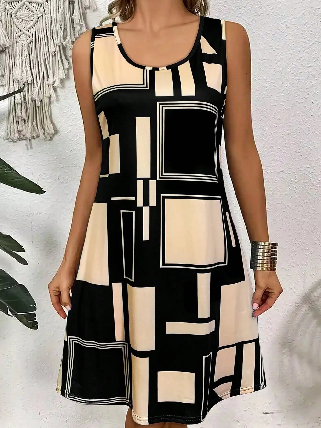 Geometric Pattern Sleeveless Dress For Women‘s Summer Clothe