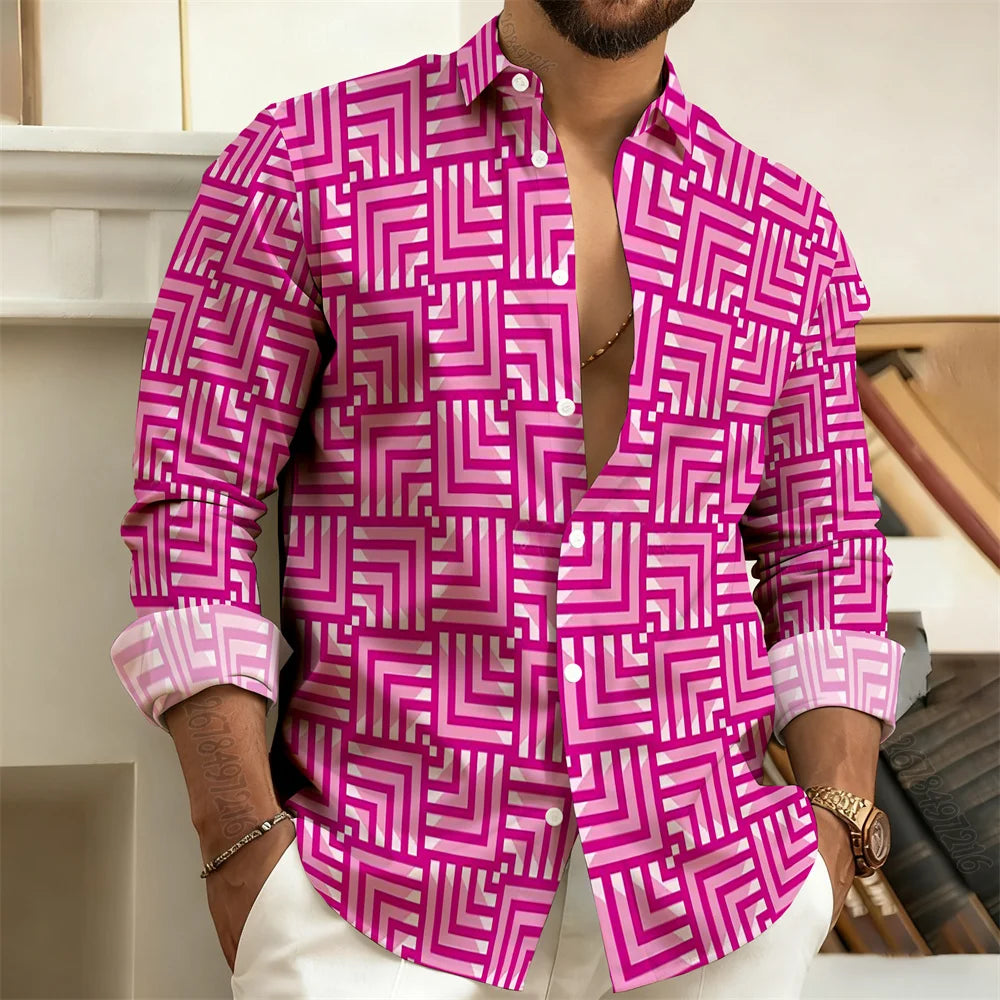Long-Sleeved Polo Shirt, Vintage Print Style with Greek Key Pattern