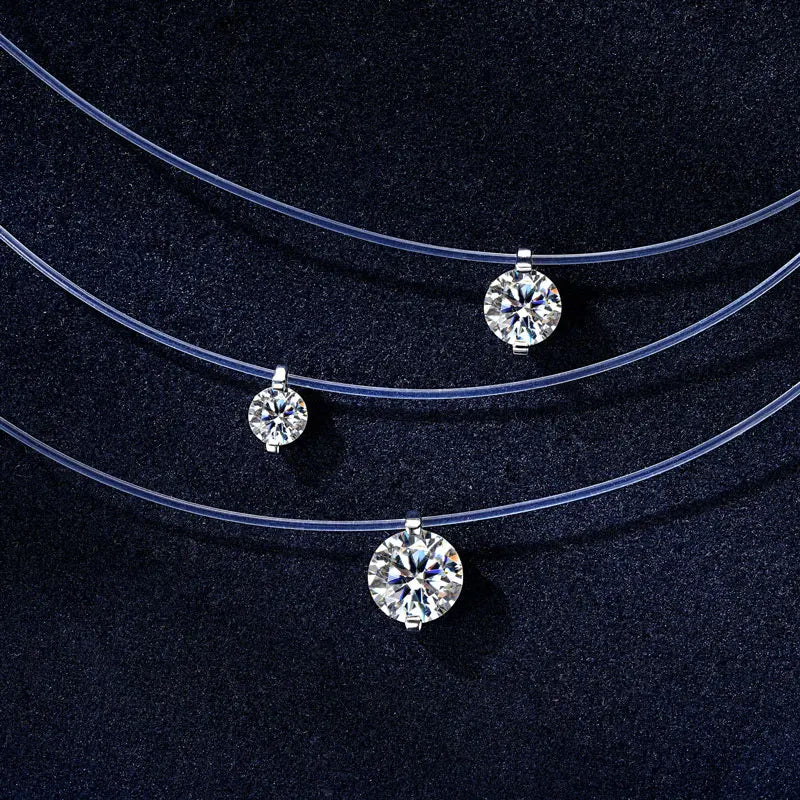 Silver Solitaire Necklace for Women Invisible Fish Line Chain