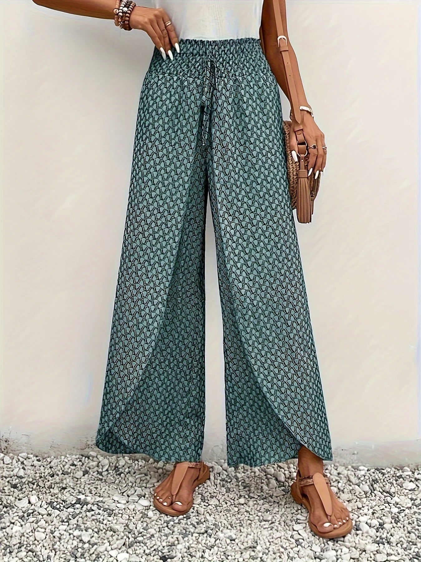 Spring Summer Women Elegant Wide Legs Pants Casual Vacation Beach Print Trousers