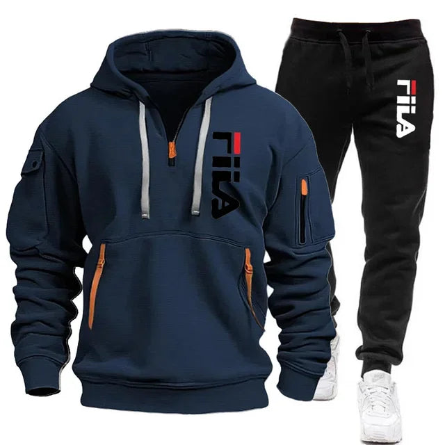men hooded sweatshirt + Trouser, outdoor multi-pocket men's pullover sportswear set
