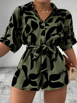 Casual Front Snap Shirt Collar Short Sleeve Printed Overalls with Bow Ties