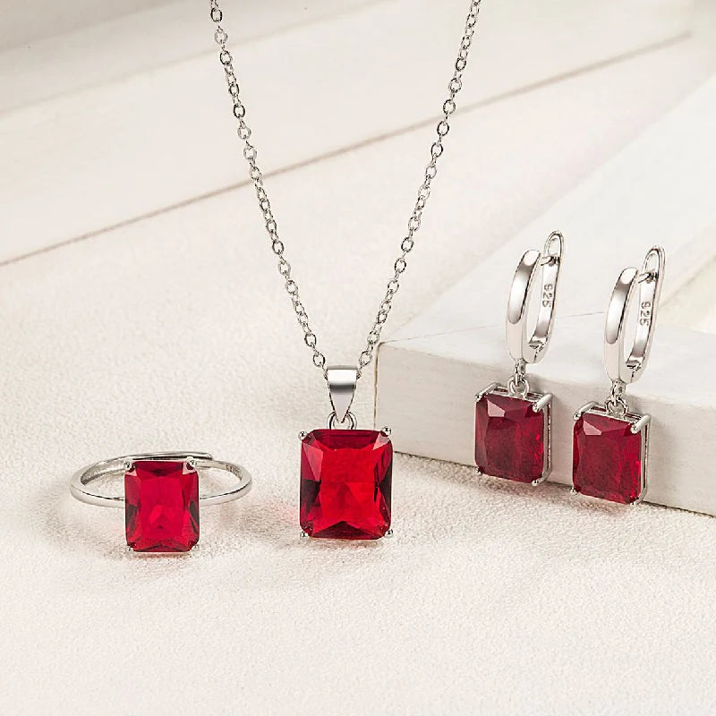 Jewelry Set Earrings Ring Pendant Necklace Rectangle Shape Zircon 925 Silver Accessories for Women Wedding Party Gifts