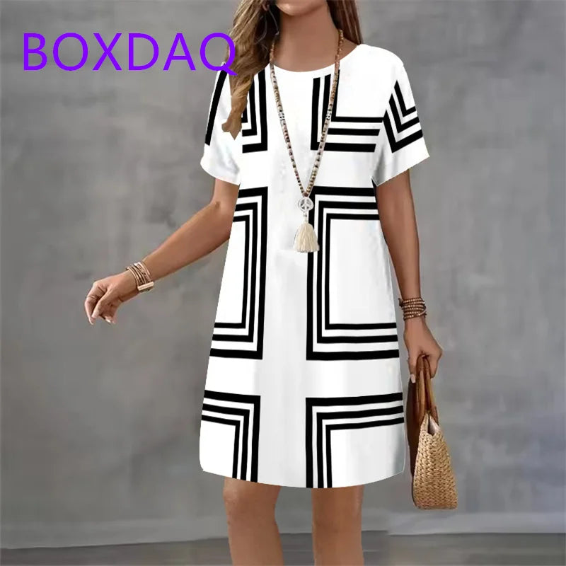 Geometric Stripe Printed Short Sleeve O-Neck Dress