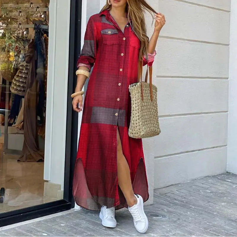 Long Sleeve  Pocket Button Print Shirts Dress