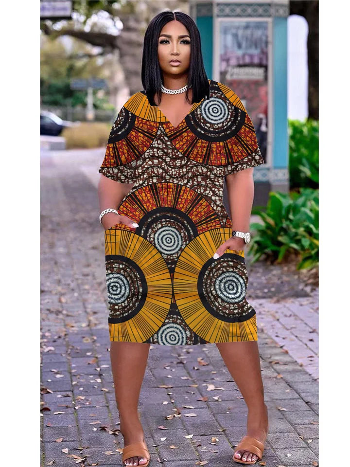 Ladies Short Sleeve Knee-length Boho V-Neck  Dress