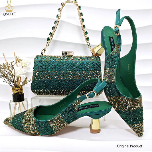 Italian Design Green Shoes And Bag Set Decorated with Rhinestone Handbag Wedding Party