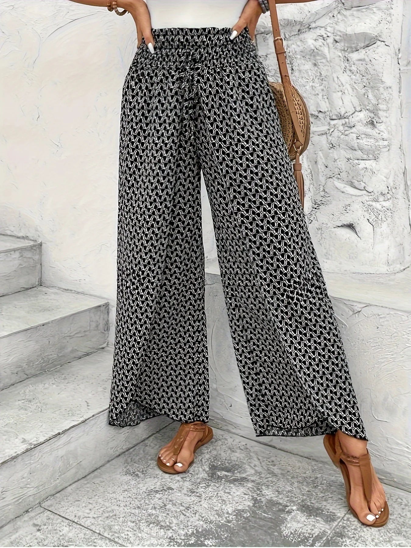 Spring Summer Women Elegant Wide Legs Pants Casual Vacation Beach Print Trousers