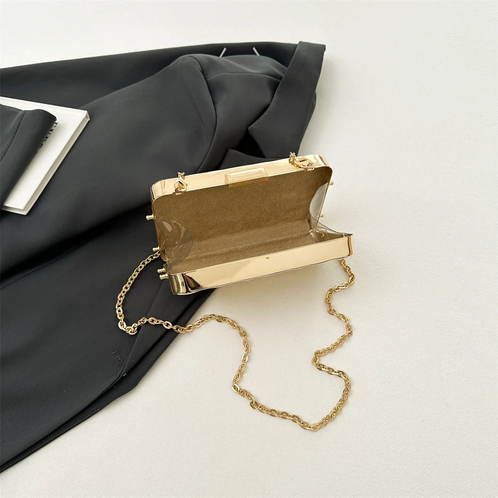 Luxury Golden Evening Bags For Women Wedding Dinner Party Chain Shoulder Cross Body Bag