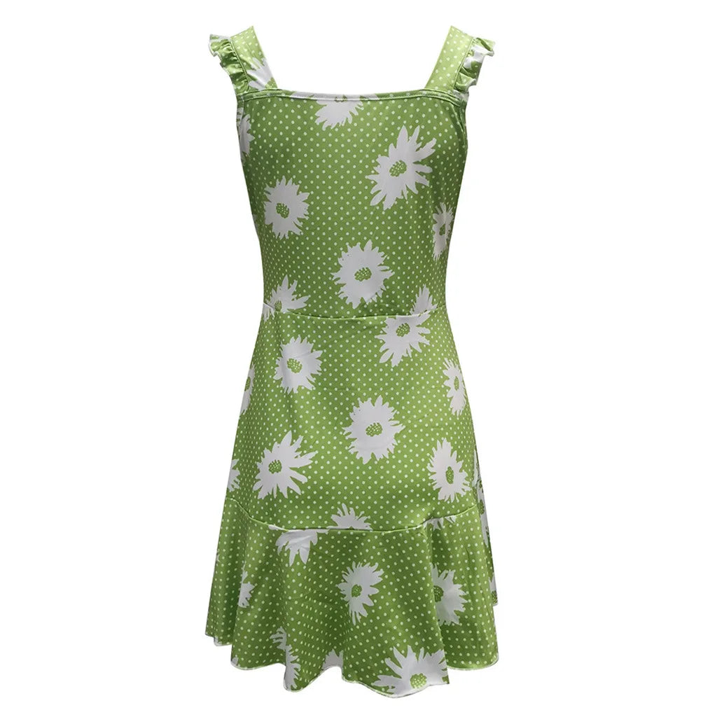 Breezy Sleeveless Dress with Vibrant Floral Print and Elegant V-Neck ﻿