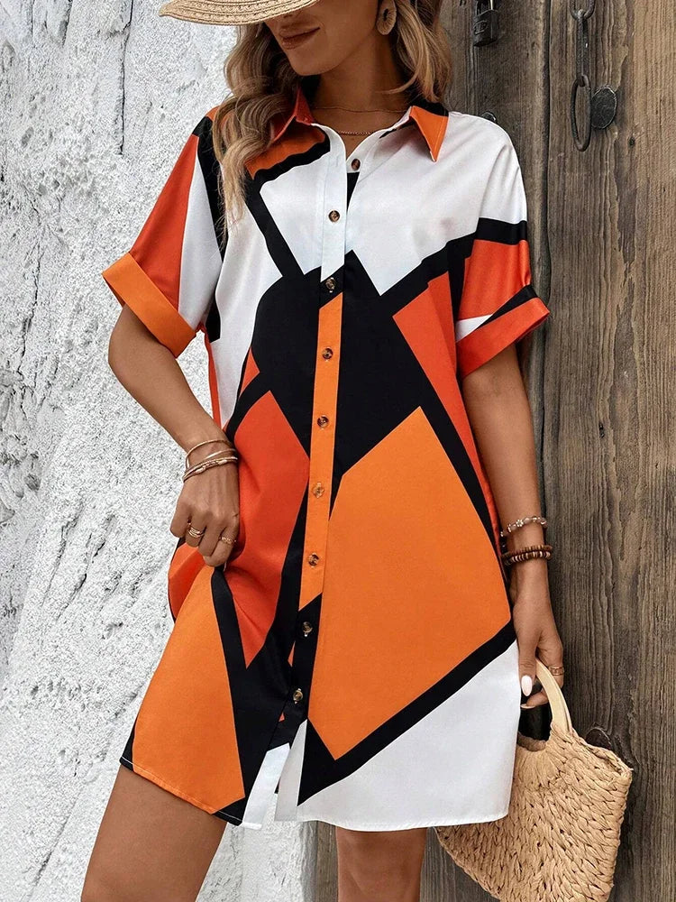 Ladies Short-sleeve Trend Single-breasted Elegant  Dress