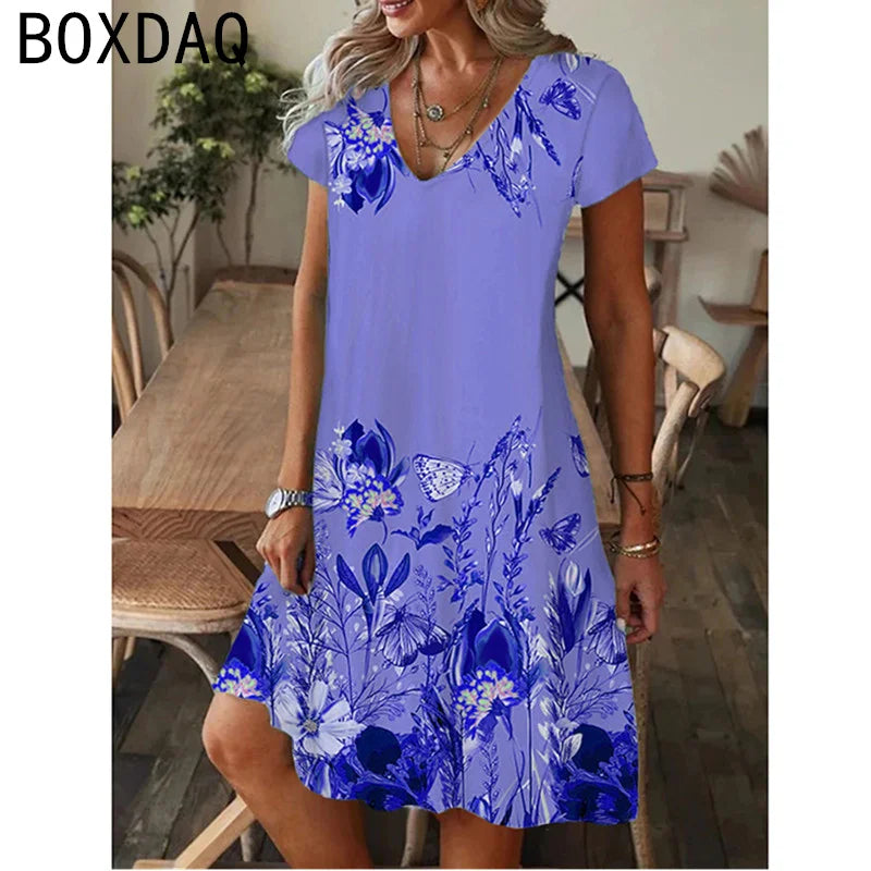 Summer Beach Casual A-Line Short Sleeve V-Neck Dress