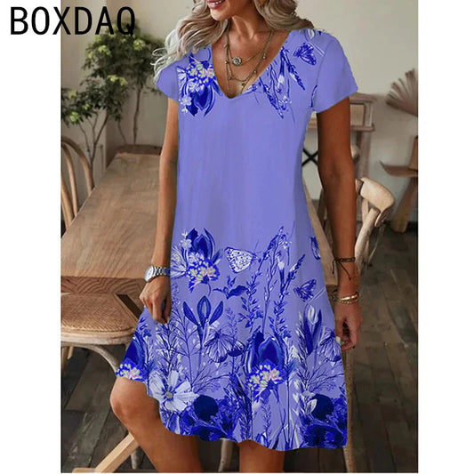 Summer Beach Casual A-Line Short Sleeve V-Neck Dress