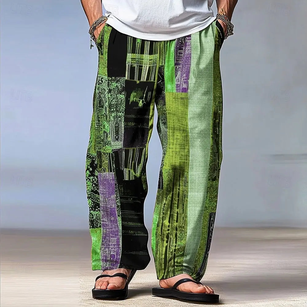 Block Patchwork  Trousers Mid Waist Drawstring Elastic Waist Straight Leg Trousers