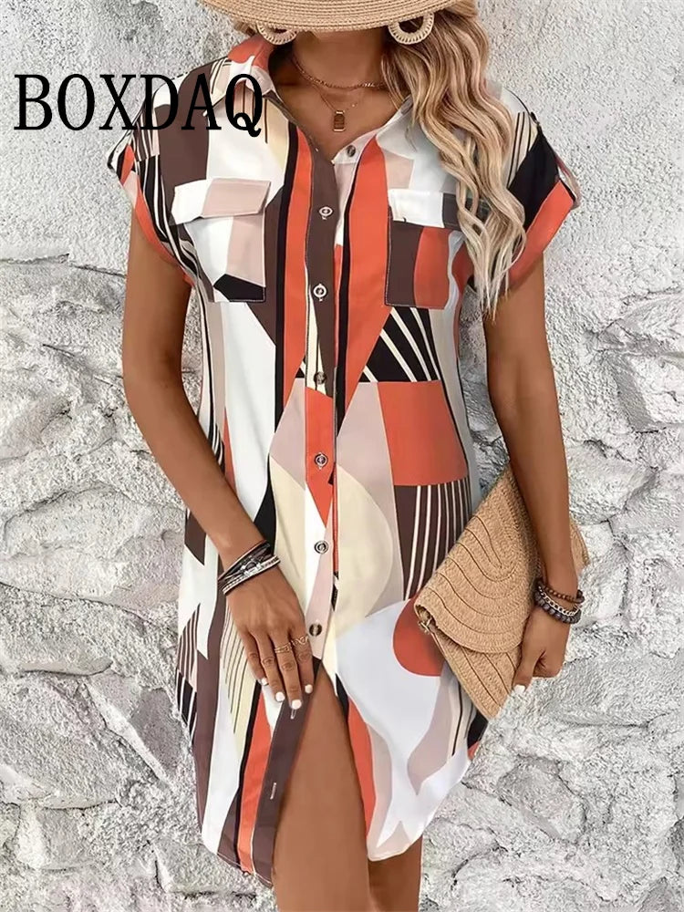 Summer Party Elegant Sundress Casual Button Lapel Shirts Dress