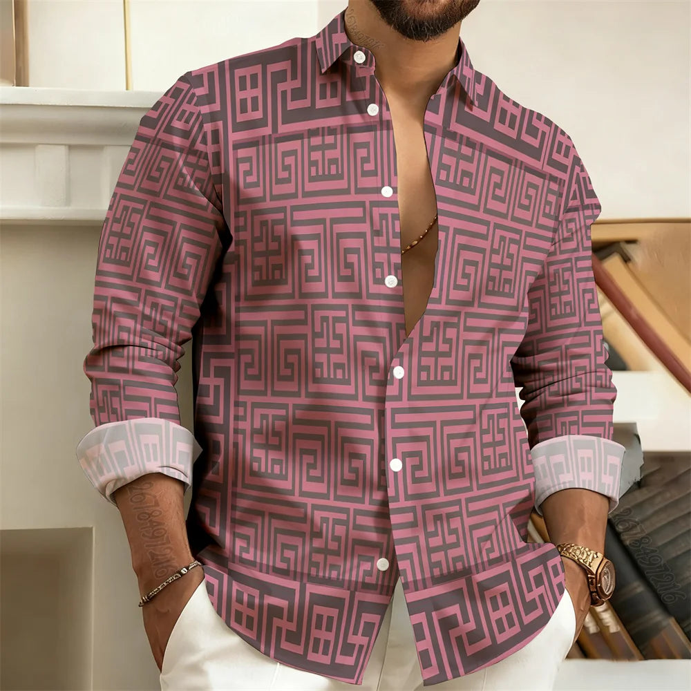 Long-Sleeved Polo Shirt, Vintage Print Style with Greek Key Pattern