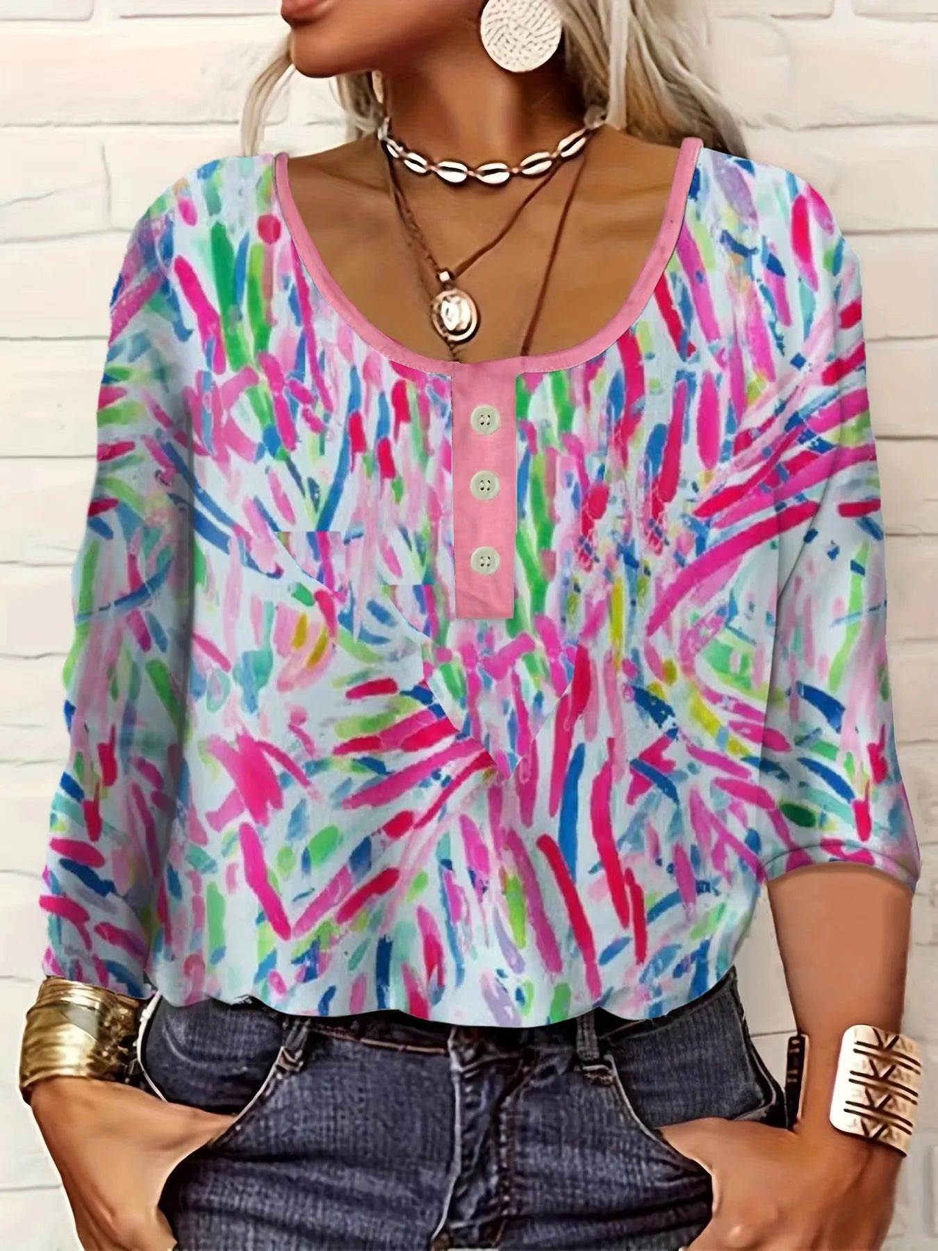 thin button ethnic print plus size women's long-sleeved T-shirt